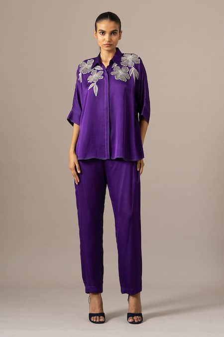 Namrata Joshipura Purple Modal, Linen Embroidery Collared Poppy Flower Pant Coord Set Online at Aza Fashions Namrata Joshipura_Purple Modal, Linen Embroidery Collared Poppy Flower Pant Coord Set _Online_at_Aza_Fashions