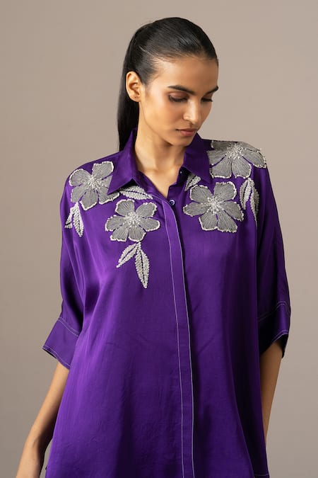 Buy Namrata Joshipura Purple Modal, Linen Embroidery Collared Poppy Flower Pant Coord Set Online at Aza Fashions Buy_Namrata Joshipura_Purple Modal, Linen Embroidery Collared Poppy Flower Pant Coord Set _Online_at_Aza_Fashions
