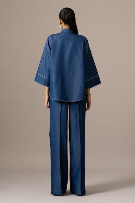 Shop Namrata Joshipura Blue Denim Embroidery Collared Poppy Flower Coordinated Set at Aza Fashions Shop_Namrata Joshipura_Blue Denim Embroidery Collared Poppy Flower Coordinated Set _at_Aza_Fashions