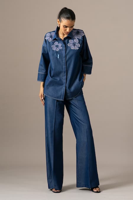 Namrata Joshipura Blue Denim Embroidery Collared Poppy Flower Coordinated Set 