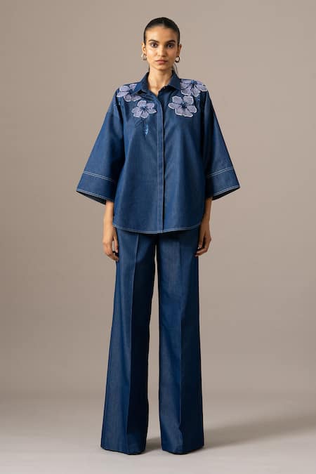 Namrata Joshipura Blue Denim Embroidery Collared Poppy Flower Coordinated Set Online at Aza Fashions Namrata Joshipura_Blue Denim Embroidery Collared Poppy Flower Coordinated Set _Online_at_Aza_Fashions