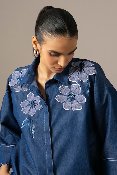 Buy Namrata Joshipura Blue Denim Embroidery Collared Poppy Flower Coordinated Set Online at Aza Fashions Buy_Namrata Joshipura_Blue Denim Embroidery Collared Poppy Flower Coordinated Set _Online_at_Aza_Fashions