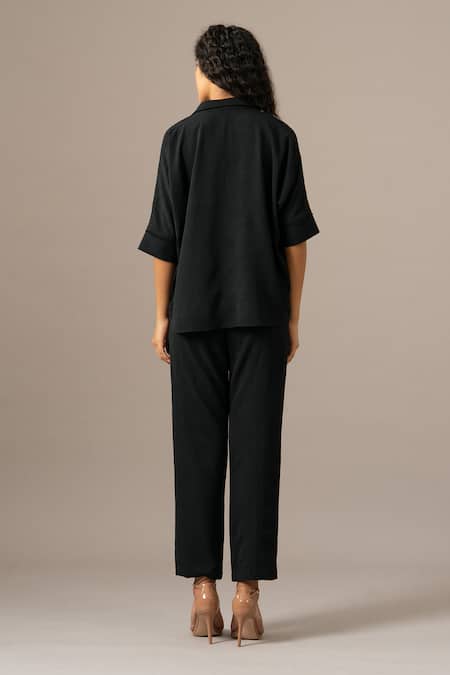 Shop_Namrata Joshipura_Black Embroidery Collared Floral Corset Shirt And Pant Set _at_Aza_Fashions