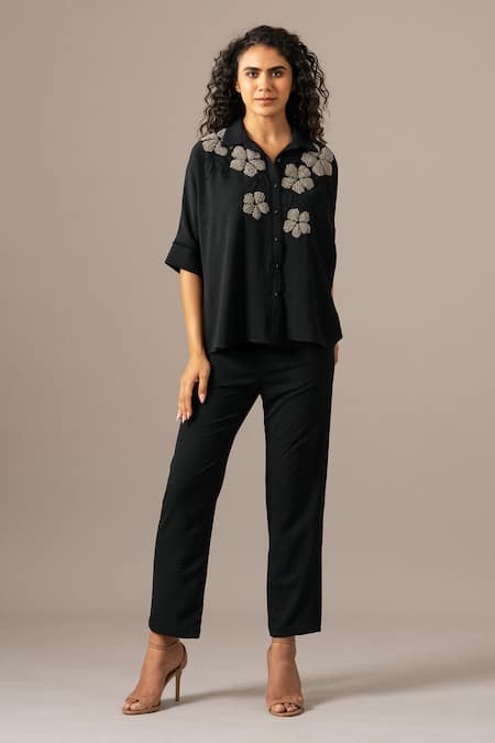 Namrata Joshipura Black Embroidery Collared Floral Corset Shirt And Pant Set 