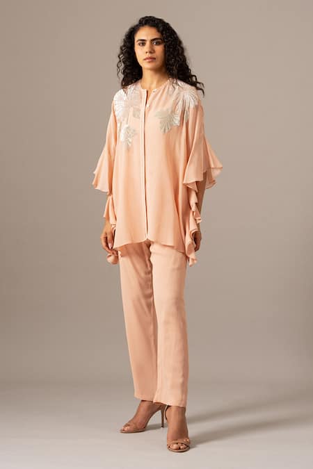 Namrata Joshipura Blush Georgette Embroidery Round Neck Pink Frill Shirt And Pant Set Online at Aza Fashions Namrata Joshipura_Blush Georgette Embroidery Round Neck Pink Frill Shirt And Pant Set _Online_at_Aza_Fashions