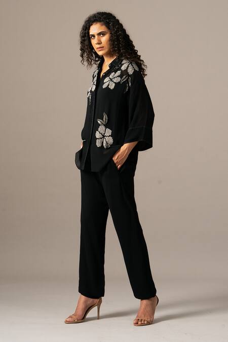 Buy Namrata Joshipura Black Georgette Embroidery Collared Moonflower Front Open Coord Set Online at Aza Fashions Buy_Namrata Joshipura_Black Georgette Embroidery Collared Moonflower Front Open Coord Set _Online_at_Aza_Fashions