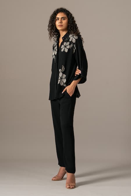 Shop Namrata Joshipura Black Georgette Embroidery Collared Moonflower Front Open Coord Set Online at Aza Fashions Shop_Namrata Joshipura_Black Georgette Embroidery Collared Moonflower Front Open Coord Set _Online_at_Aza_Fashions