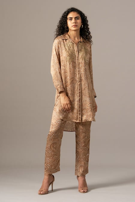 Namrata Joshipura Brown Collared Paisley Front Placket Long Pant Set 