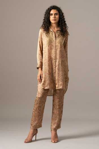 Namrata Joshipura Brown Collared Paisley Front Placket Long Pant Set Online at Aza Fashions Namrata Joshipura_Brown Collared Paisley Front Placket Long Pant Set _Online_at_Aza_Fashions