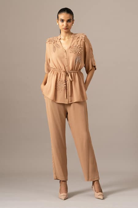 Namrata Joshipura Brown Georgette Embroidery Button-down Neck Mocha Front Open String Pant Set 