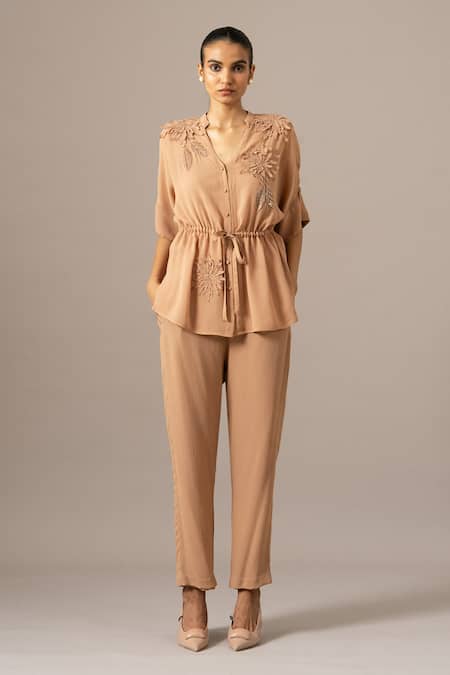 Namrata Joshipura Brown Georgette Embroidery Button-down Neck Mocha Front Open String Pant Set Online at Aza Fashions Namrata Joshipura_Brown Georgette Embroidery Button-down Neck Mocha Front Open String Pant Set _Online_at_Aza_Fashions