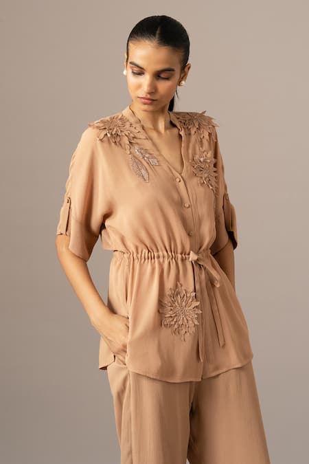 Buy Namrata Joshipura Brown Georgette Embroidery Button-down Neck Mocha Front Open String Pant Set Online at Aza Fashions Buy_Namrata Joshipura_Brown Georgette Embroidery Button-down Neck Mocha Front Open String Pant Set _Online_at_Aza_Fashions