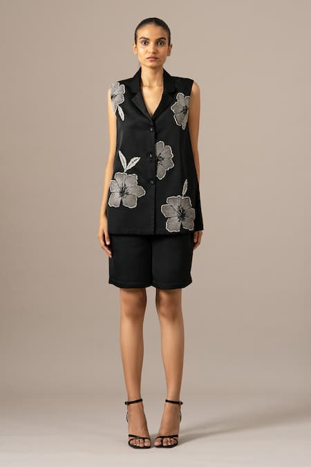 Namrata Joshipura Black Modal, Linen Embroidery Collared Poppy Flower Sleeveless Shorts Set Online at Aza Fashions Namrata Joshipura_Black Modal, Linen Embroidery Collared Poppy Flower Sleeveless Shorts Set _Online_at_Aza_Fashions