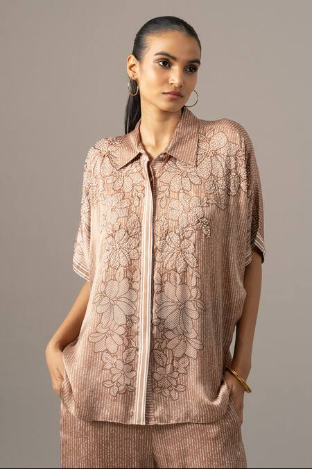 Namrata Joshipura Brown Embroidery Collared Pansy Flower Printed Pant Set Online at Aza Fashions Namrata Joshipura_Brown Embroidery Collared Pansy Flower Printed Pant Set _Online_at_Aza_Fashions