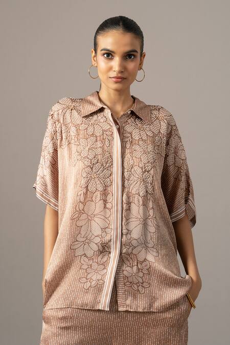 Buy Namrata Joshipura Brown Embroidery Collared Pansy Flower Printed Pant Set Online at Aza Fashions Buy_Namrata Joshipura_Brown Embroidery Collared Pansy Flower Printed Pant Set _Online_at_Aza_Fashions