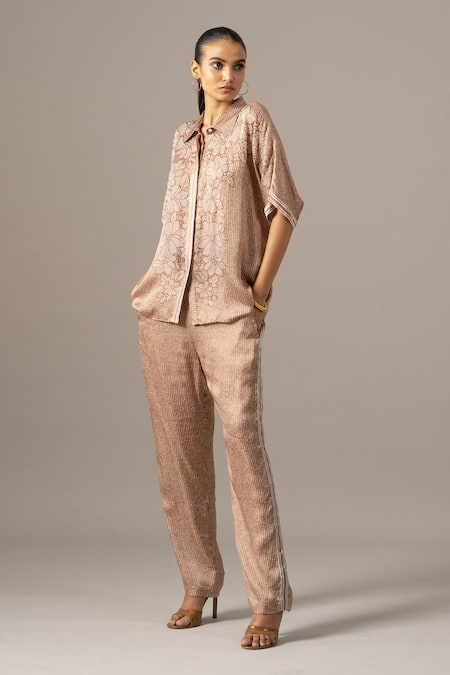 Shop Namrata Joshipura Brown Embroidery Collared Pansy Flower Printed Pant Set Online at Aza Fashions Shop_Namrata Joshipura_Brown Embroidery Collared Pansy Flower Printed Pant Set _Online_at_Aza_Fashions