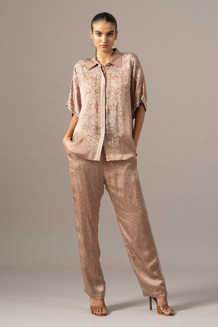 Namrata Joshipura Brown Embroidery Collared Pansy Flower Printed Pant Set 