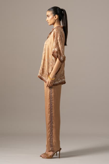 Namrata Joshipura Brown Embroidery Collared Paisley Printed Cupro Satin Pant Set Online at Aza Fashions Namrata Joshipura_Brown Embroidery Collared Paisley Printed Cupro Satin Pant Set _Online_at_Aza_Fashions