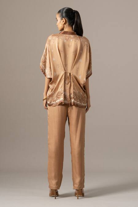 Shop Namrata Joshipura Brown Embroidery Collared Paisley Printed Cupro Satin Pant Set at Aza Fashions Shop_Namrata Joshipura_Brown Embroidery Collared Paisley Printed Cupro Satin Pant Set _at_Aza_Fashions