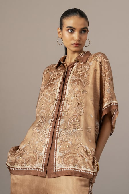 Buy Namrata Joshipura Brown Embroidery Collared Paisley Printed Cupro Satin Pant Set Online at Aza Fashions Buy_Namrata Joshipura_Brown Embroidery Collared Paisley Printed Cupro Satin Pant Set _Online_at_Aza_Fashions
