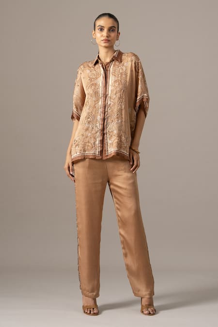 Namrata Joshipura Brown Embroidery Collared Paisley Printed Cupro Satin Pant Set 