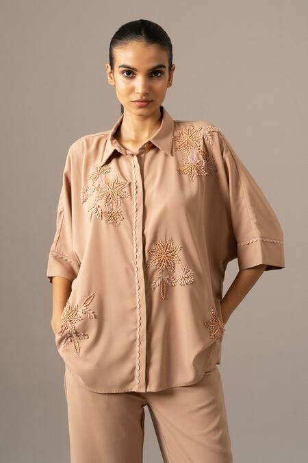 Namrata Joshipura_Brown Embroidery Collared Palm Leaf Coordinated Shirt And Pant Set _Online_at_Aza_Fashions