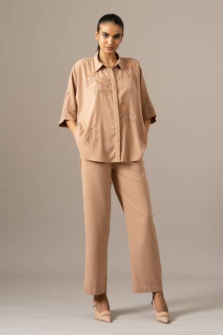 Namrata Joshipura Brown Embroidery Collared Palm Leaf Coordinated Shirt And Pant Set 