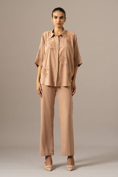 Buy_Namrata Joshipura_Brown Embroidery Collared Palm Leaf Coordinated Shirt And Pant Set _Online_at_Aza_Fashions