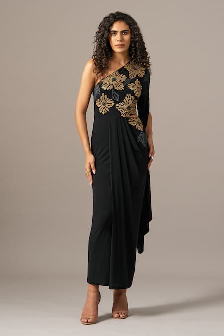 Namrata Joshipura Black Jersey Beads, Embroidery One Shoulder Gown