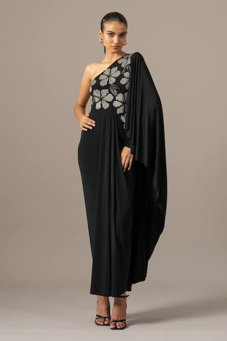 Namrata Joshipura Black Jersey Beads One Shoulder Moonflower Gown