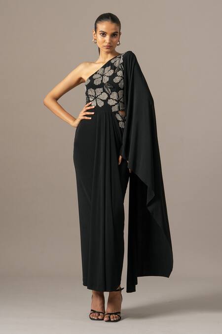 Namrata Joshipura Black Jersey Beads One Shoulder Moonflower Gown Online at Aza Fashions Namrata Joshipura_Black Jersey Beads One Shoulder Moonflower Gown _Online_at_Aza_Fashions