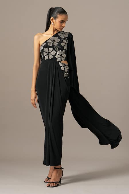 Buy Namrata Joshipura Black Jersey Beads One Shoulder Moonflower Gown Online at Aza Fashions Buy_Namrata Joshipura_Black Jersey Beads One Shoulder Moonflower Gown _Online_at_Aza_Fashions