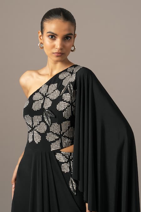 Shop Namrata Joshipura Black Jersey Beads One Shoulder Moonflower Gown Online at Aza Fashions Shop_Namrata Joshipura_Black Jersey Beads One Shoulder Moonflower Gown _Online_at_Aza_Fashions