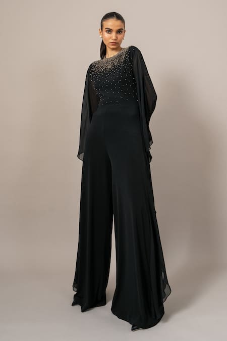 Namrata Joshipura_Black Jersey Beads Round Neck Star Boy Batwing Jumpsuit _Online_at_Aza_Fashions