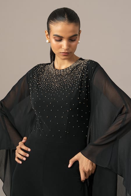 Shop_Namrata Joshipura_Black Jersey Beads Round Neck Star Boy Batwing Jumpsuit _Online_at_Aza_Fashions