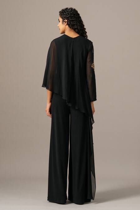 Shop_Namrata Joshipura_Black Jersey Round Neck Katniss Front Flap Jumpsuit _at_Aza_Fashions