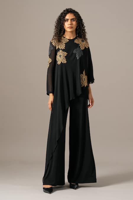 Namrata Joshipura_Black Jersey Round Neck Katniss Front Flap Jumpsuit _Online_at_Aza_Fashions