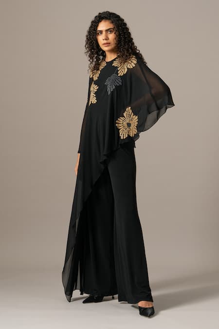 Shop_Namrata Joshipura_Black Jersey Round Neck Katniss Front Flap Jumpsuit _Online_at_Aza_Fashions