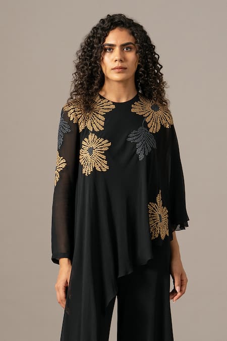 Namrata Joshipura_Black Jersey Round Neck Katniss Front Flap Jumpsuit _at_Aza_Fashions