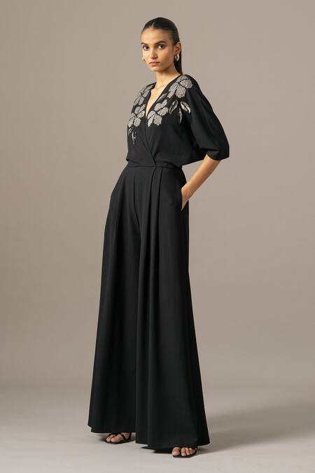 Namrata Joshipura_Black Jersey Sequins, Embroidery V-neck Moonflower Box Pleat Jumpsuit _Online_at_Aza_Fashions