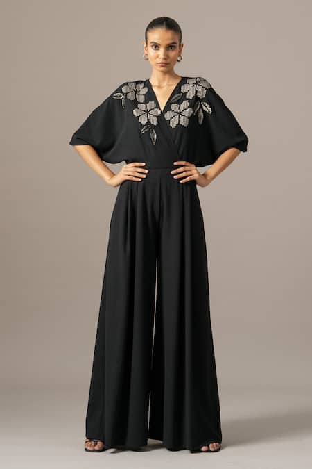 Buy_Namrata Joshipura_Black Jersey Sequins, Embroidery V-neck Moonflower Box Pleat Jumpsuit _Online_at_Aza_Fashions