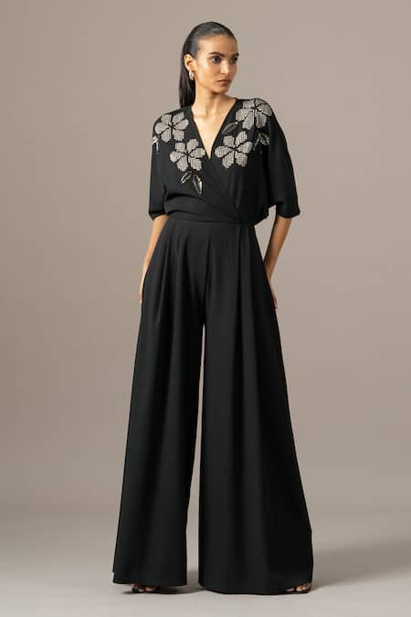 Shop_Namrata Joshipura_Black Jersey Sequins, Embroidery V-neck Moonflower Box Pleat Jumpsuit _Online_at_Aza_Fashions