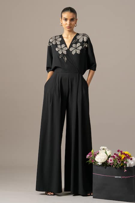 Namrata Joshipura Black Jersey Sequins, Embroidery V-neck Moonflower Box Pleat Jumpsuit 