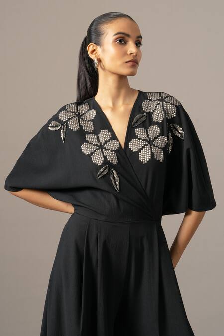 Namrata Joshipura_Black Jersey Sequins, Embroidery V-neck Moonflower Box Pleat Jumpsuit _at_Aza_Fashions