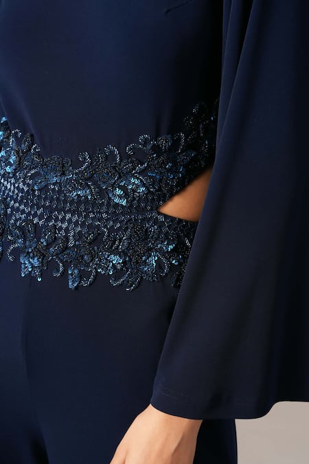 Namrata Joshipura_Navy Jersey Embroidery Crew Neck Baroque Waist Jumpsuit _Online_at_Aza_Fashions
