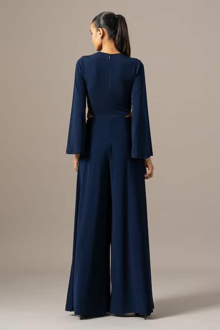 Shop_Namrata Joshipura_Navy Jersey Embroidery Crew Neck Baroque Waist Jumpsuit _at_Aza_Fashions