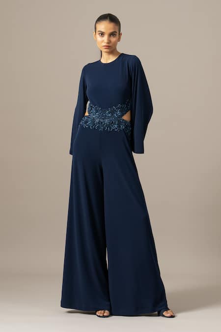 Buy_Namrata Joshipura_Navy Jersey Embroidery Crew Neck Baroque Waist Jumpsuit _Online_at_Aza_Fashions