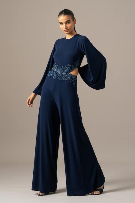 Namrata Joshipura Navy Jersey Embroidery Crew Neck Baroque Waist Jumpsuit 