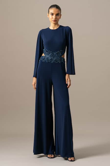 Shop_Namrata Joshipura_Navy Jersey Embroidery Crew Neck Baroque Waist Jumpsuit _Online_at_Aza_Fashions