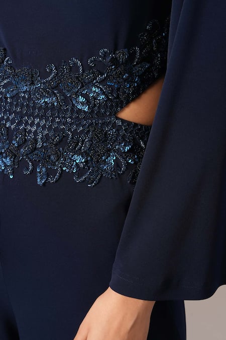 Namrata Joshipura_Navy Jersey Embroidery Crew Neck Baroque Waist Jumpsuit _at_Aza_Fashions
